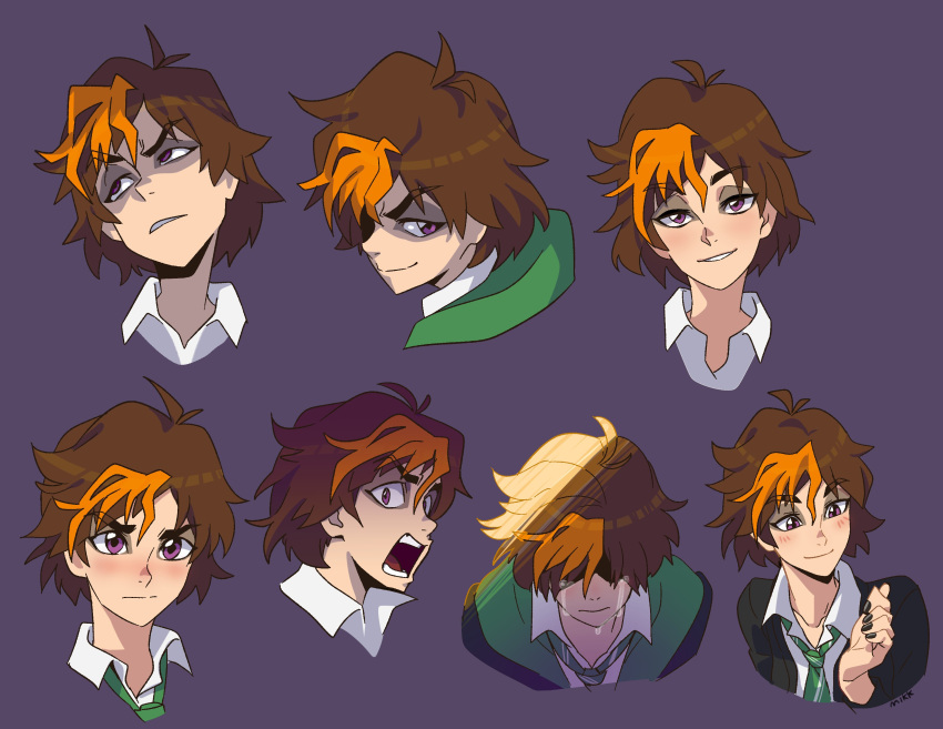 absurdres blush brown_hair crying eyeshadow female hair_over_eyes harry_potter:_hogwarts_mystery harry_potter_(series) hidden_eyes highres hogwarts_school_uniform makeup merula_snyde mikkusushi multicolored_hair multiple_views orange_hair purple_eyes school_uniform wizarding_world