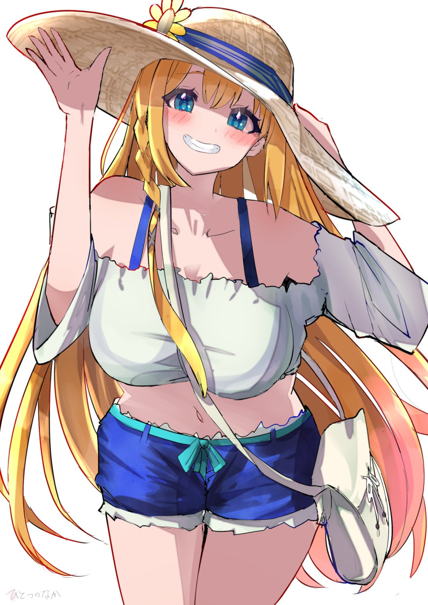 arms_up bare_shoulders between_breasts blue_eyes blush braid breasts cowboy_shot female grin hair_between_eyes hands_on_headwear hat highres hitotu_no_naka large_breasts long_hair looking_at_viewer midriff navel orange_hair pecorine_(princess_connect!) pecorine_(real)_(princess_connect!) princess_connect! short_shorts shorts simple_background single_braid smile solo strap_between_breasts straw_hat teeth very_long_hair white_background white_bag