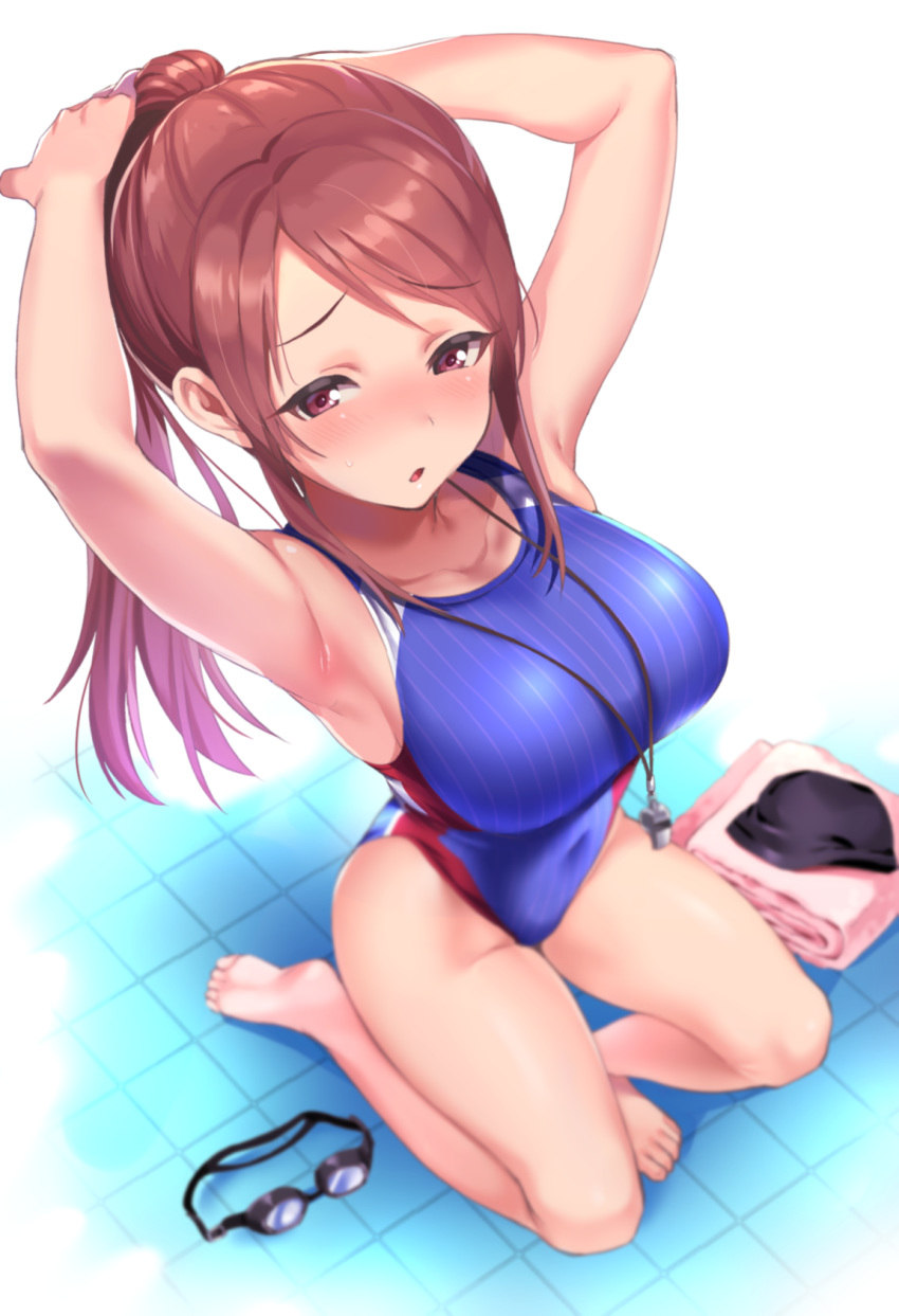 armpits arms_up barefoot blue_one-piece_swimsuit blurry blush breasts brown_hair commentary_request competition_swimsuit covered_navel depth_of_field female foreshortening from_above highres idolmaster idolmaster_cinderella_girls kneeling large_breasts long_hair mifune_miyu natsu_(nattiyann) one-piece_swimsuit parted_lips ponytail purple_eyes revision sidelocks solo sweatdrop swimsuit tile_floor tiles tying_hair whistle whistle_around_neck