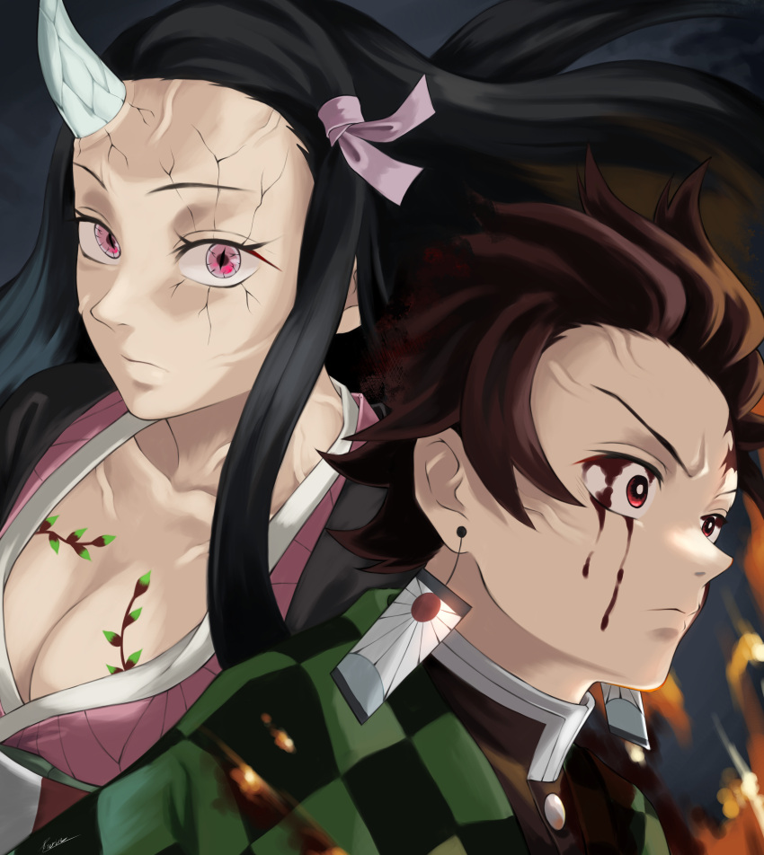 1boy absurdres black_hair blood blood_from_eyes breasts bright_pupils brother_and_sister brown_hair checkered_haori cleavage closed_mouth demon_girl demon_horns demon_slayer_uniform earrings female fengling_(furin-jp) hair_ribbon hanafuda_earrings haori highres horns japanese_clothes jewelry kamado_nezuko kamado_tanjirou kimetsu_no_yaiba kimono long_hair long_sleeves looking_at_viewer medium_breasts pink_eyes pink_ribbon red_eyes ribbon scar scar_on_face scar_on_forehead short_hair siblings single_horn slit_pupils white_pupils