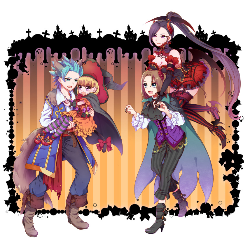 2boys 2girls animal_ears bat_wings beifunan black_hair black_nails blonde_hair blue_eyes blue_hair boots bow braid breasts bridal_gauntlets brown_hair camus_(dq11) cape carrying cat_ears cat_tail cleavage commentary_request corset detached_collar detached_sleeves dragon_quest dragon_quest_xi frilled_skirt frilled_sleeves frills gothic_lolita hairbow halloween_costume hat head_wings hero_(dq11) high_heel_boots high_heels high_ponytail highres horns index_finger_raised lolita_fashion long_hair martina_(dq11) multiple_boys multiple_girls nail_polish pants pantyhose parted_bangs petticoat pinstripe_legwear pinstripe_pattern ponytail princess_carry purple_eyes red_nails short_hair skirt spiked_hair striped_background striped_clothes striped_pants striped_thighhighs tail tail_bow tail_ornament thighhighs twin_braids veronica_(dq11) vertical-striped_clothes vertical-striped_thighhighs vest wings witch_hat wolf_boy wolf_ears wolf_tail wrist_cuffs zettai_ryouiki