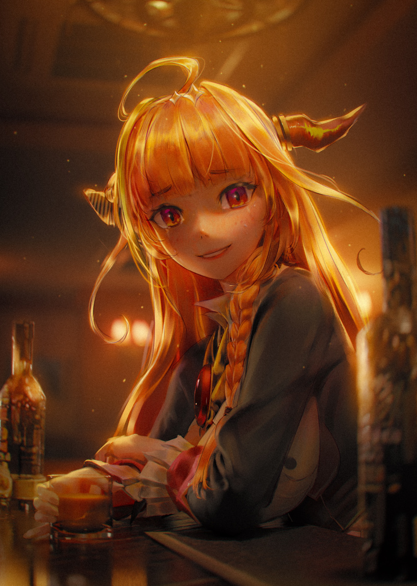 ahoge alcohol backlighting bar_(place) black_jacket blunt_bangs blurry blurry_background blurry_foreground braid breasts brooch chmyxo collared_shirt commentary cup depth_of_field dragon_girl dragon_horns english_commentary female from_side glass glass_bottle gradient_eyes highres holding holding_cup hololive horns indoors jacket jewelry kiryu_coco kiryu_coco_(1st_costume) large_breasts liquor long_hair long_sleeves looking_at_viewer multicolored_eyes orange_hair purple_eyes red_eyes shirt side_braid sitting smile solo tears upper_body virtual_youtuber whiskey white_shirt