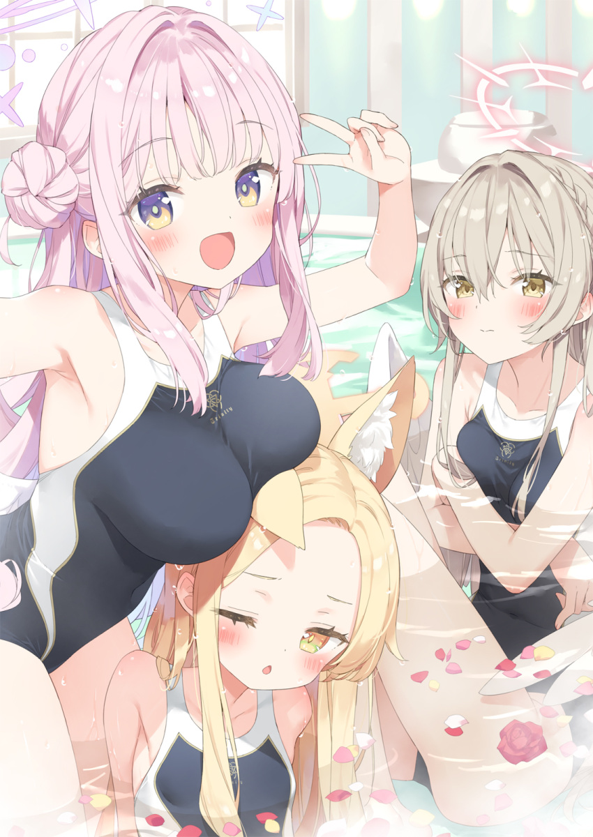 3: 3girls :d alternate_costume animal_ear_fluff animal_ears arm_up bare_arms bare_shoulders black_one-piece_swimsuit blonde_hair blue_archive blush breast_rest breasts breasts_on_head chestnut_mouth closed_mouth commentary_request competition_swimsuit flower flower_on_liquid forehead fox_ears grey_hair hair_between_eyes hair_bun hair_intakes halo highres indoors kani_biimu large_breasts looking_at_viewer mika_(blue_archive) multiple_girls nagisa_(blue_archive) one-piece_swimsuit one_eye_closed parted_lips partially_submerged petals petals_on_liquid purple_eyes red_flower seia_(blue_archive) single_side_bun smile swimsuit tea_party_(blue_archive) trinity_general_school_swimsuit v water window yellow_eyes