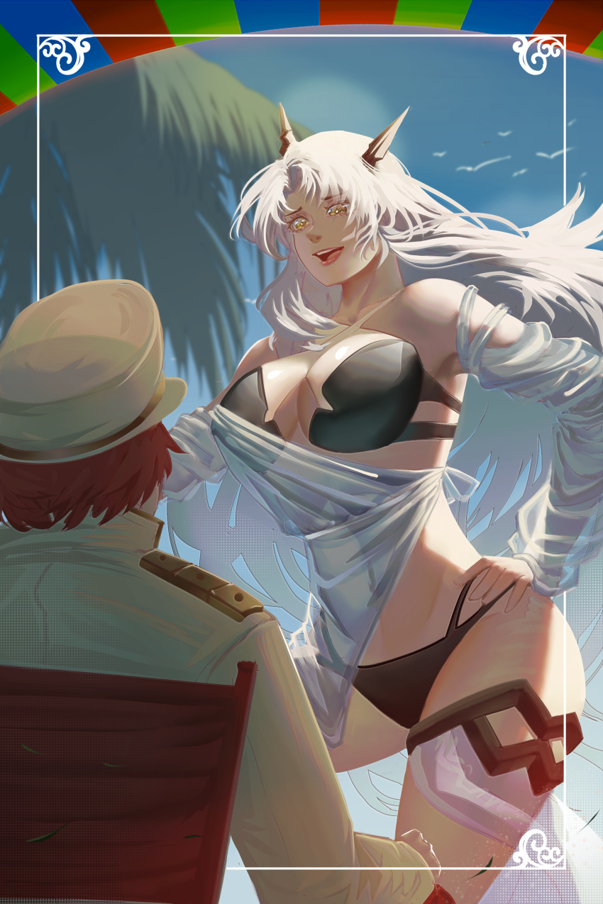 1boy absurdres arbiter_the_hermit_ix_(azur_lane) azur_lane beach breasts commander_(azur_lane) commission female highres horns large_breasts long_hair long_sleeves mechanical_horns najashi orange_eyes pixiv_commission siren_(azur_lane) smile swimsuit white_hair