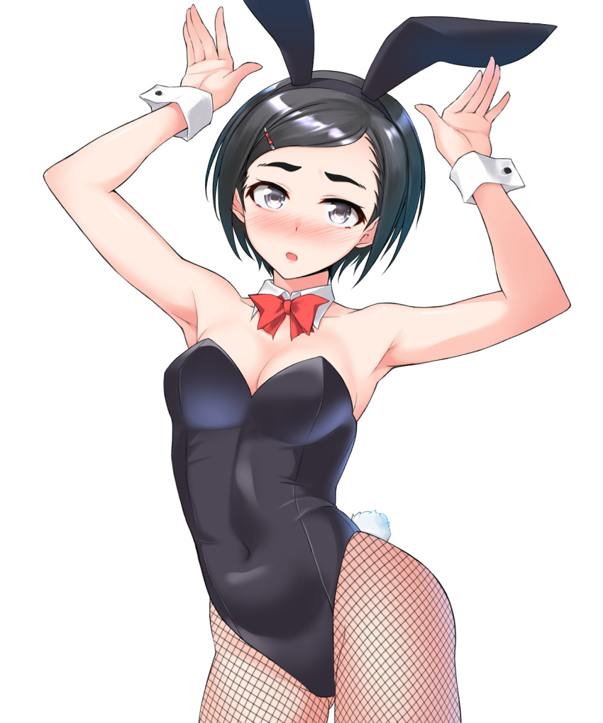 animal_ears black_hair black_leotard bow bowtie breasts cleavage commentary_request cowboy_shot detached_collar fake_animal_ears female fishnet_pantyhose fishnets hair_ornament hairclip highres idolmaster idolmaster_cinderella_girls leotard looking_at_viewer matsuo_chizuru medium_breasts pantyhose playboy_bunny rabbit_ears rabbit_pose rabbit_tail red_bow red_bowtie shirota_mizuki short_hair simple_background solo strapless strapless_leotard tail thick_eyebrows white_background wrist_cuffs