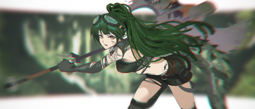 arknights axe black_gloves black_shorts breasts chromatic_aberration cola-alter cowboy_shot crop_top elbow_gloves female gavial_(arknights) gavial_the_invincible_(arknights) gloves green_hair highres holding holding_axe holding_weapon leaning_forward long_hair looking_at_viewer medium_breasts midriff open_mouth pointy_ears ponytail short_shorts shorts solo standing tail very_long_hair weapon yellow_eyes