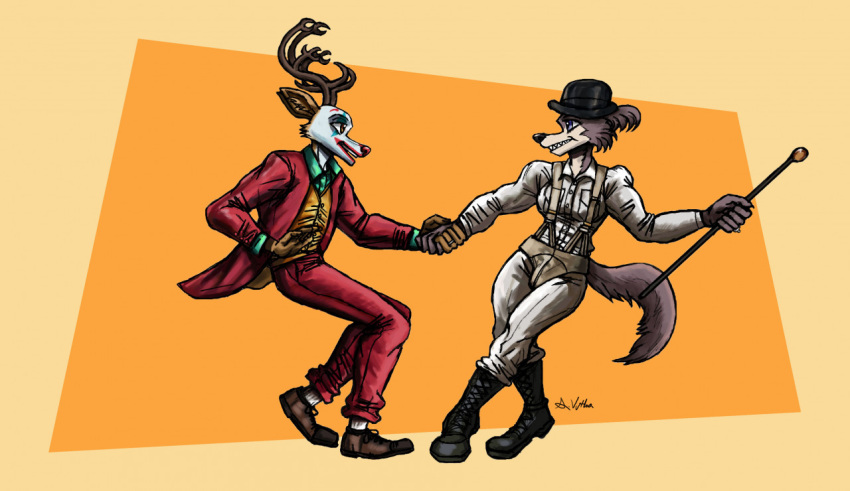 2020 a_clockwork_orange alex_delarge anthro batman_(series) beastars bodypaint boots bottomwear bowler_hat breasts brown_body brown_fur cane canid canine canis cervine clothed clothing cosplay costume countershade_face countershading crossdressing crossover crossover_cosplay dancing dc_comics deer digit_ring dress_shirt duo eye_contact face_paint female footwear fur halloween hand_holding harness hat headgear headwear holding_cane holding_object holidays jacket jewelry juno_(beastars) looking_at_another looking_at_partner louis_(beastars) makeup male male/female mammal married_couple pants red_deer ring shirt shoes simple_background smile suit suit_jacket teeth the_joker thelivingshadow topwear vest wedding_ring wolf