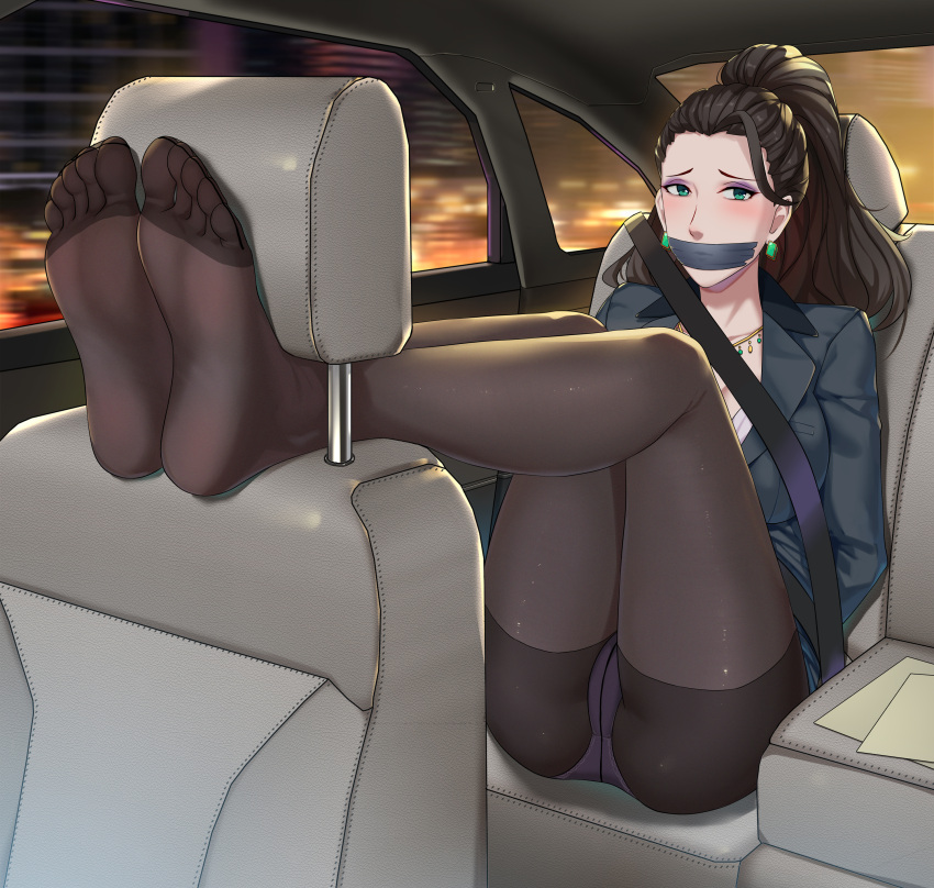 absurdres ass black_hair blush breasts car car_interior car_seat commission crotch_seam earrings executive_mishiro feet female foot_focus forehead full_body gag gagged green_eyes haimei1980 highres idolmaster idolmaster_cinderella_girls improvised_gag jewelry legs legs_up long_hair looking_at_viewer makeup mature_female motor_vehicle night no_shoes office_lady panties panties_under_pantyhose pantyhose pixiv_commission ponytail restrained seatbelt sitting soles solo tape tape_gag toes underwear white_panties