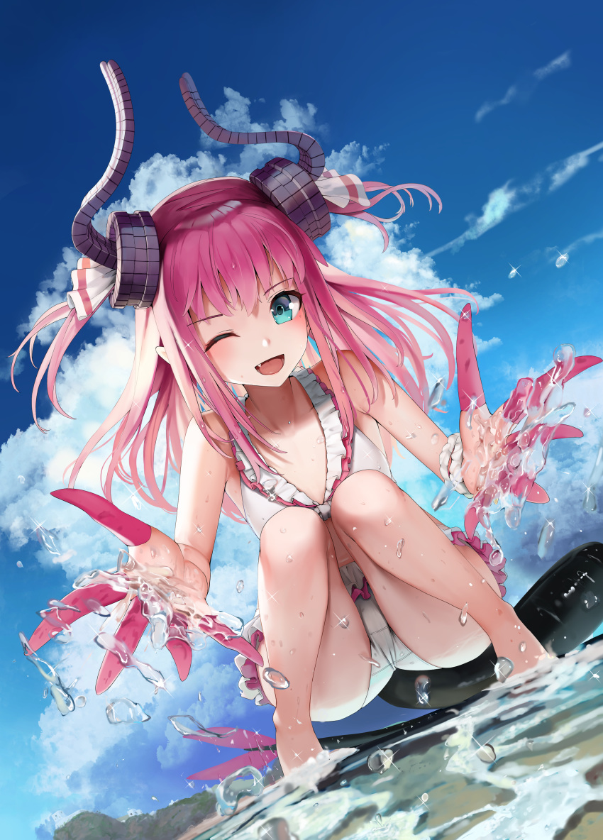 ;d absurdres ass bikini blue_eyes blue_sky breasts cloud commentary_request curled_horns day dragon_horns dragon_tail elizabeth_bathory_(beach_bloody_demoness)_(fate) elizabeth_bathory_(fate) elizabeth_bathory_(fate/extra_ccc) fate/extra fate_(series) female hair_ribbon highres horns in_water long_hair looking_at_viewer oerba_yun_fang official_alternate_costume one_eye_closed open_mouth outdoors pink_hair pointy_ears ribbon sky small_breasts smile solo sunga2usagi swimsuit tail two_side_up water white_bikini