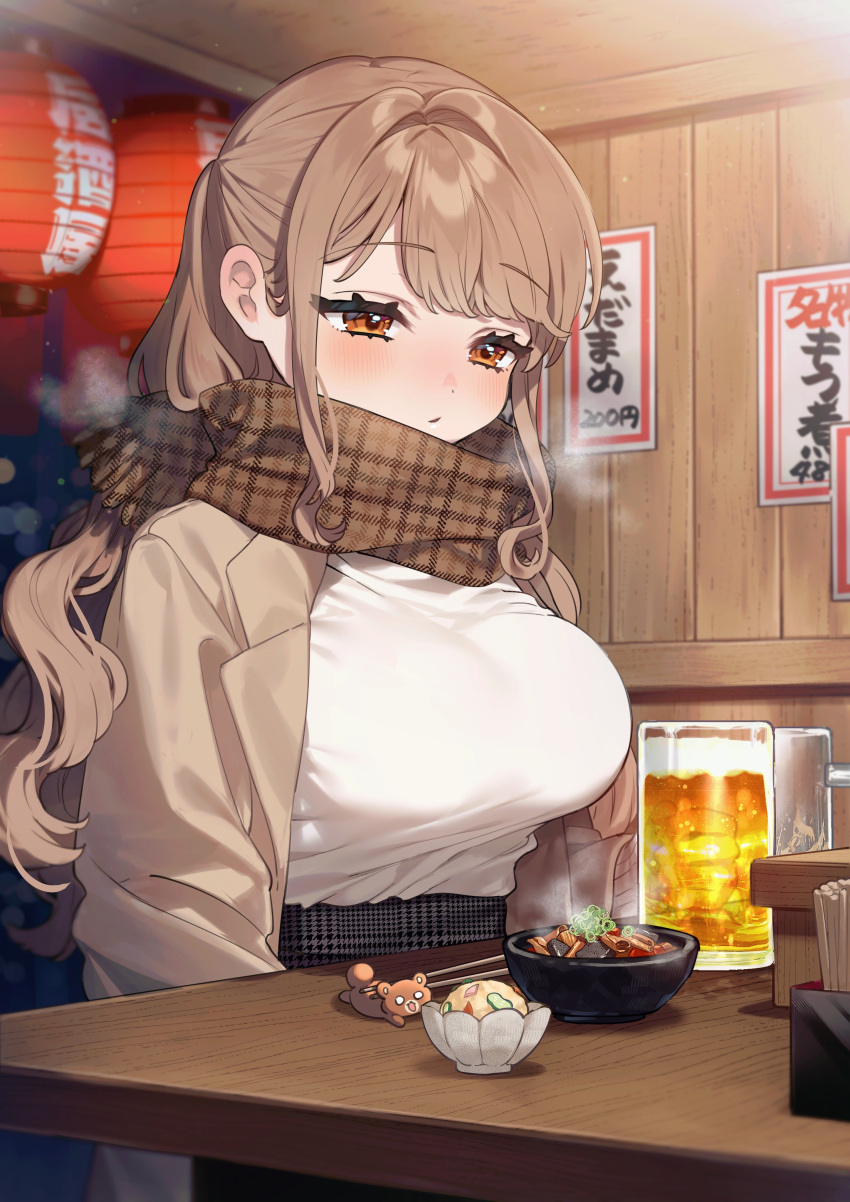 absurdres alcohol beer beer_mug breasts breath brown_eyes brown_hair brown_jacket brown_scarf chopsticks commentary cup eyelashes female food half-closed_eyes highres jacket kodama's_elder_sister_(sakura_yuki) large_breasts long_eyelashes long_hair mug original parted_bangs sakura_yuki_(clochette) scarf shirt solo steam table white_shirt