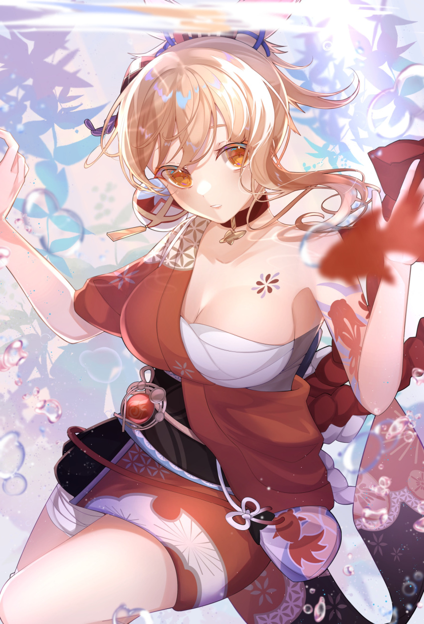 bandages bare_shoulders black_sash blonde_hair breasts chest_sarashi chest_tattoo choker cleavage commentary female genshin_impact hands_up head_tilt highres japanese_clothes kimono large_breasts long_hair looking_at_viewer natsuki_yoru obi orange_kimono parted_lips sarashi sash short_kimono shoulder_tattoo solo tattoo thighs yellow_eyes yoimiya_(genshin_impact)