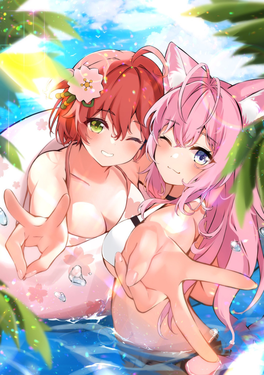 2girls ;3 ahoge animal_ear_fluff animal_ears antenna_hair bikini blue_eyes breasts cleavage commentary_request curvy floral_print floral_print_bikini flower green_eyes hair_flower hair_ornament hakui_koyori highres hololive innertube large_breasts leaf long_hair looking_at_viewer medium_hair multiple_girls ocean one_eye_closed outdoors pink_bikini pink_hair pink_innertube print_bikini red_hair sakura_miko sakura_miko_(hololive_summer_2019) sakura_miko_(old_design) smile submerged swim_ring swimsuit takumin_dx tropical v virtual_youtuber water white_bikini wolf_ears wolf_girl