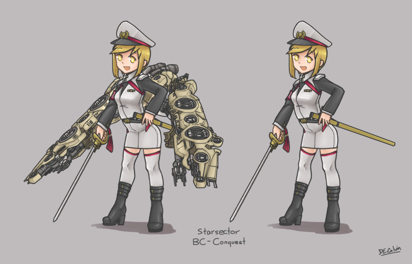 artist_name black_footwear blonde_hair boots breasts character_name conquest_(starsector) de.calvin female full_body gradient hat holding holding_weapon long_sleeves looking_at_viewer military military_hat military_uniform multiple_views open_mouth peaked_cap personification smile standing starsector sword thighhighs uniform weapon white_legwear yellow_eyes