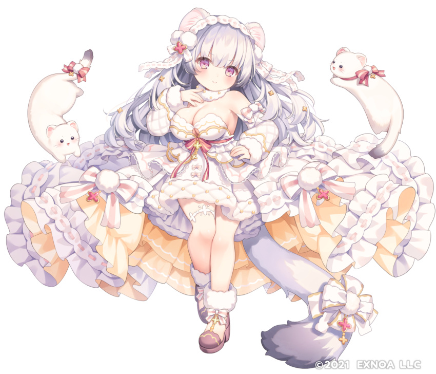 >:) :d angelic_link animal animal_ear_fluff animal_ears bare_shoulders black_footwear blush bow breasts character_request ciriatto_(angelic_link) cleavage closed_mouth commentary_request copyright_notice detached_sleeves dress ermine female ferret full_body fur-trimmed_dress fur-trimmed_sleeves fur_trim grey_hair hand_up head_tilt komachi_pochi large_breasts long_hair long_sleeves looking_at_viewer official_art puffy_long_sleeves puffy_sleeves purple_eyes red_bow ribbon ribbon_trim shoes simple_background sleeves_past_wrists smile solo standing standing_on_one_leg striped striped_bow tail tail_ornament tail_ribbon v-shaped_eyebrows very_long_hair weasel weasel_ears weasel_girl weasel_tail white_background white_dress white_sleeves