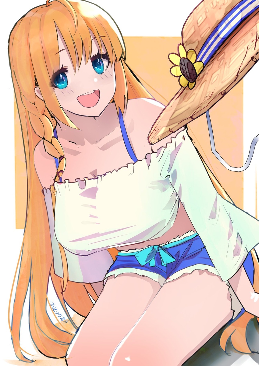 :d bare_shoulders blue_eyes blue_shorts blush braid breasts commentary_request female hat highres hitotu_no_naka large_breasts legs long_hair looking_at_viewer open_mouth orange_hair pecorine_(princess_connect!) pecorine_(real)_(princess_connect!) princess_connect! short_shorts shorts simple_background single_braid smile solo straw_hat unworn_hat unworn_headwear very_long_hair