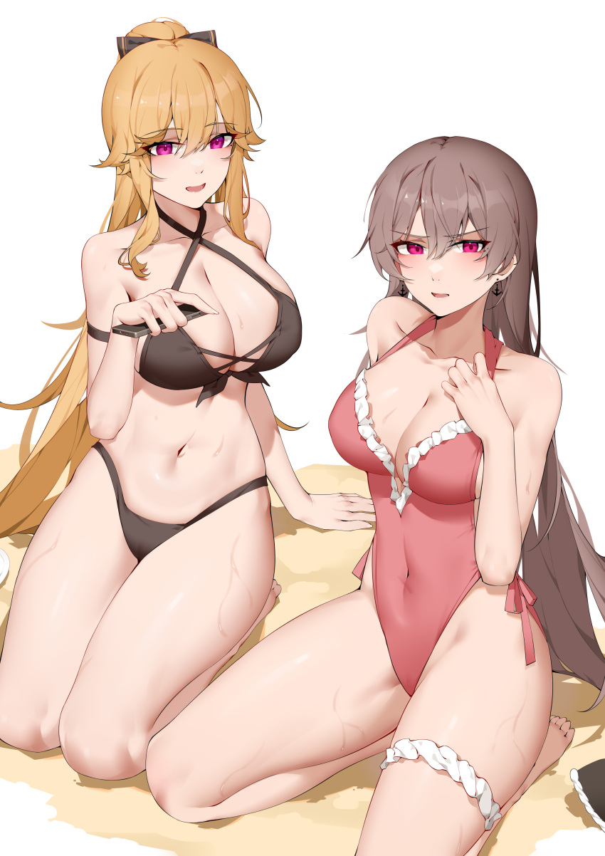 2girls absurdres alternate_hairstyle anchor_earrings azur_lane beach bikini breasts casual_one-piece_swimsuit cellphone cleavage commentary_request cosplay costume_switch criss-cross_halter earrings hairstyle_switch halterneck highleg highleg_swimsuit highres jean_bart_(azur_lane) jean_bart_(azur_lane)_(cosplay) jean_bart_(private_apres_midi)_(azur_lane) jewelry kneeling large_breasts long_hair multiple_girls official_alternate_costume one-piece_swimsuit phone ponytail purple_eyes richelieu_(azur_lane) richelieu_(azur_lane)_(cosplay) richelieu_(fleuron_of_the_waves)_(azur_lane) sidelocks smartphone swimsuit thigh_strap wsfw