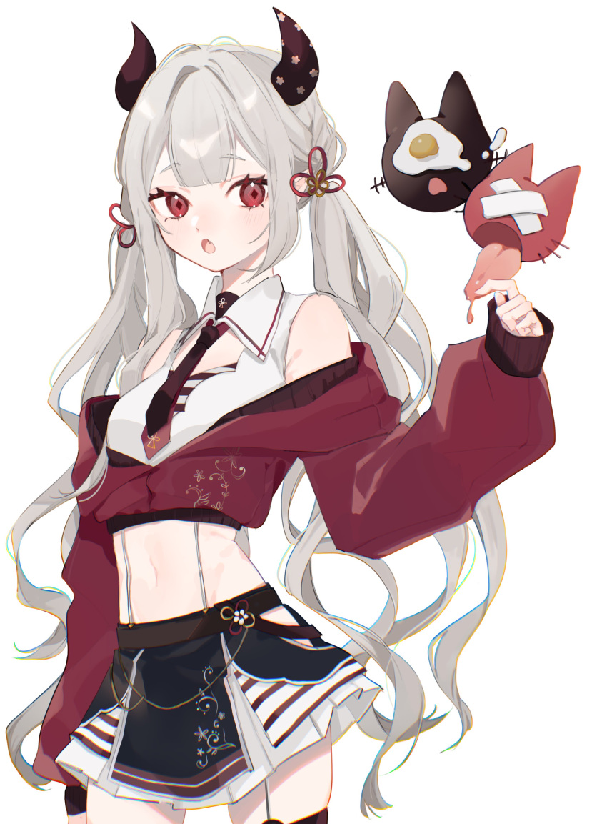 absurdres bandages bare_shoulders blush brown_legwear brown_necktie chromatic_aberration creature diamond-shaped_pupils diamond_(shape) egg_(food) eyelashes female floating food fried_egg grey_background grey_hair highres horns long_hair mono_02 naraka_(2nd_costume)_(nijisanji) naraka_(nijisanji) navel necktie nijisanji oerba_yun_fang oni open_mouth patterned pointy_ears protected_link red_eyes saliva siblings simple_background skindentation skirt sleeves_past_wrists striped symbol-shaped_pupils thigh_strap thighhighs tongue tongue_out twins very_long_hair virtual_youtuber whiskers white_skirt