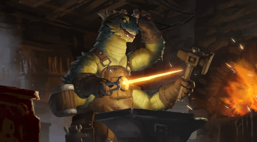 absurd_res anthro anvil apron biped blacksmith clothing cody_soh_(artist) container cup detailed_background eyewear eyewear_on_head fire gloves goggles goggles_on_head hammer handwear hi_res holding_object holding_tool inside lizard looking_at_object male mug multi_arm multi_limb overalls reptile scalie smithing smithy solo standing tongs tools