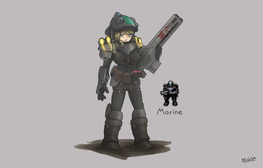 artist_name belt blonde_hair blue_eyes boots breasts de.calvin female full_body gloves gradient grey_background gun hat helmet holding large_breasts looking_at_viewer marine_(starsector) medium_breasts pouch short_hair smile solo standing starsector weapon