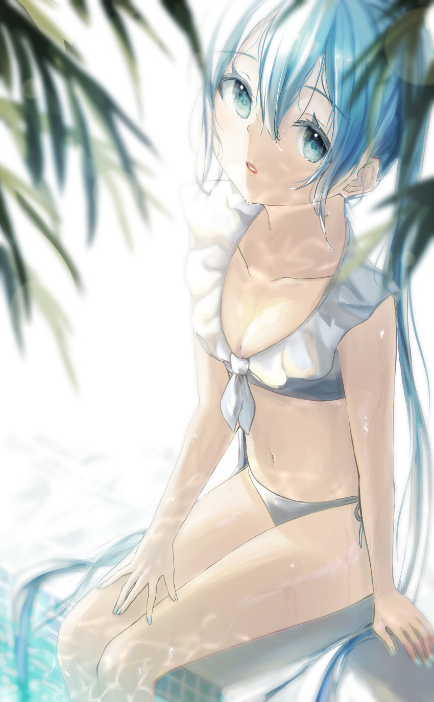 absurdres aqua_eyes aqua_hair aqua_nails breasts caustics collarbone collared_bikini commentary female from_above front-tie_top hand_on_own_thigh hatsune_miku highres lips long_hair looking_at_viewer nail_polish palm_leaf parted_lips poolside potate small_breasts soaking_feet solo swimsuit twintails very_long_hair vocaloid wet