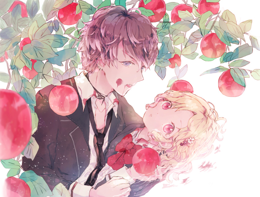 1boy apple black_jacket black_necktie blonde_hair blood blood_on_clothes blood_on_face blue_eyes bow bowtie brown_hair diabolik_lovers female flower food fruit fruit_tree hair_flower hair_ornament hano_luno holding holding_food holding_fruit jacket komori_yui leaning_back mukami_ruki multicolored_hair necktie open_mouth parted_bangs pink_eyes red_bow red_bowtie shirt short_hair tree vampire wavy_hair white_background white_shirt