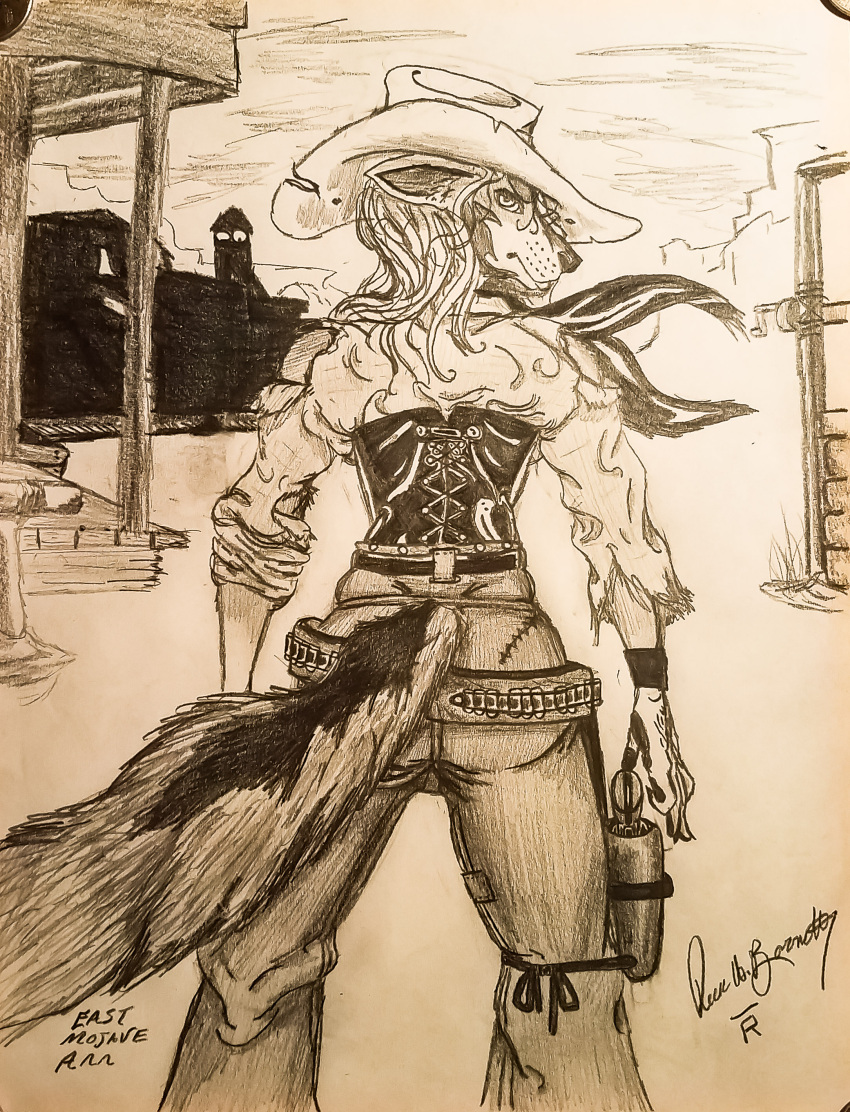 absurd_res anthro canid canine canis cowgirl_outfit english_text female fluffy fluffy_tail hi_res mammal old_west portrait reese tail tankerpenus text traditional_media_(artwork) western wolf