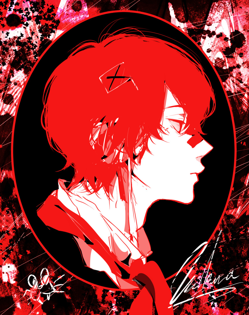 1boy 3kuma bandaid bandaid_on_face bandaid_on_nose black_background colored_skin expressionless flag framed fukase highres male_focus neckerchief portrait profile red_hair red_neckerchief red_theme signature solo vocaloid white_skin x