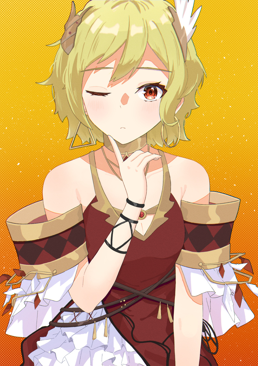 absurdres bare_shoulders blonde_hair blush citrinne_(fire_emblem) commentary_request dress earrings female fire_emblem fire_emblem_engage hair_ornament highres hoop_earrings jewelry keaworks looking_at_viewer neck_ring one_eye_closed orange_background red_dress red_eyes short_hair short_sleeves solo upper_body