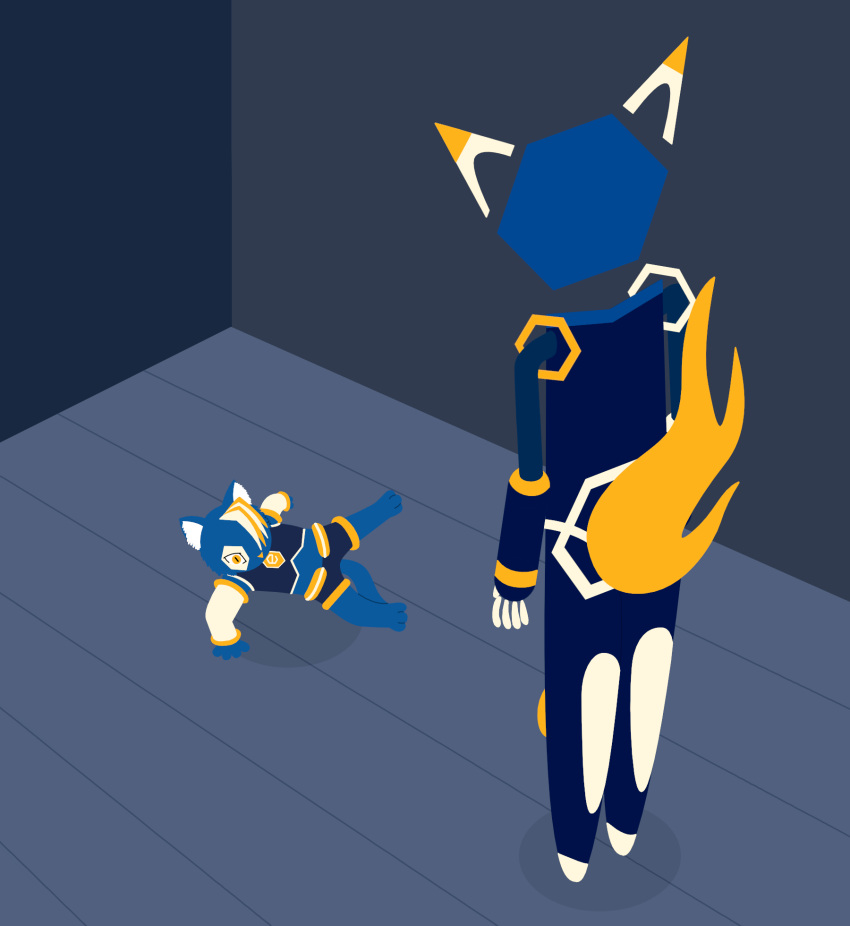 ambiguous_gender android anthro blue_body blue_fur breakdancing cat_breakdancing_meme dancing detailed_background domestic_cat duo e621 esix felid feline felis floorboards fur hexerade hi_res inner_ear_fluff inside looking_at_another looking_down machine male mammal mascot meme orange_eyes redcrystal robot standing tuft unusual_anatomy