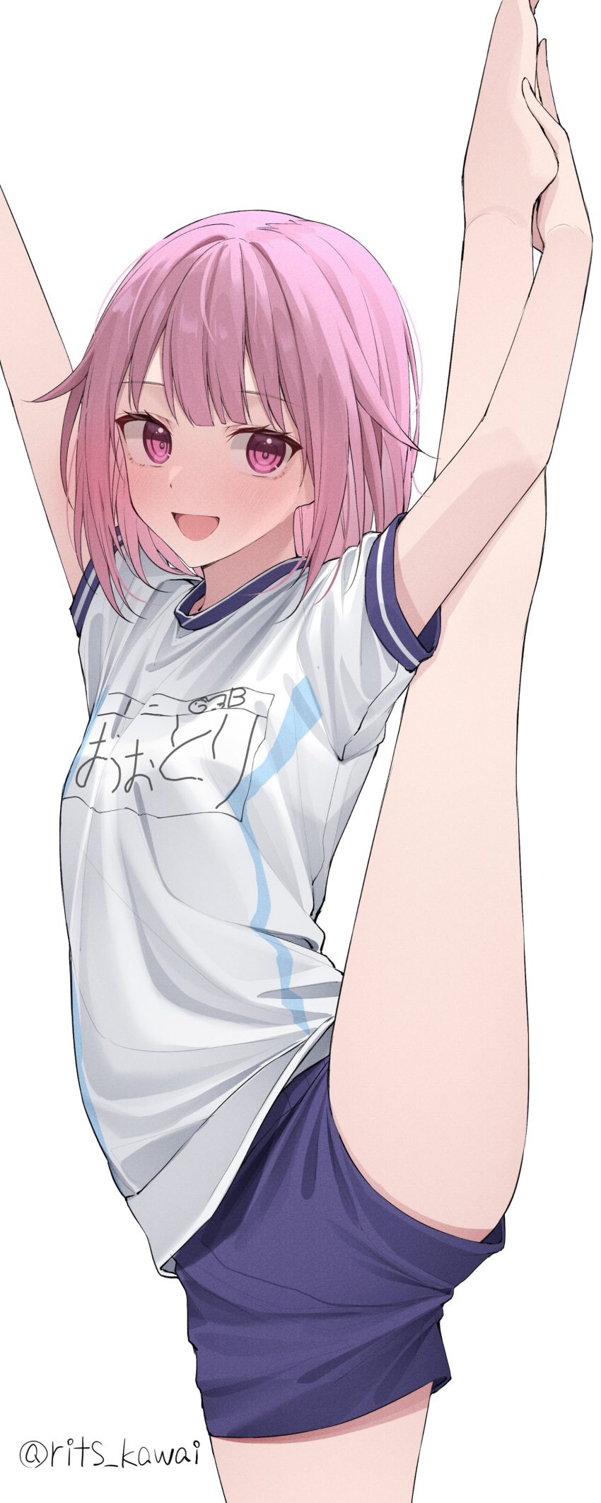 :d absurdres arms_up barefoot blue_shorts blush breasts female gym_uniform hashire!_taiikumatsuri!_~jikkou_iin_wa_ooisogashi~_(project_sekai) highres kawai_ritsu_(rits_meg) leg_lift leg_up legs looking_at_viewer medium_hair ootori_emu open_mouth pink_eyes pink_hair project_sekai shadow shirt short_sleeves shorts sidelocks small_breasts smile solo split standing standing_on_one_leg standing_split stretching thighs twitter_username white_background white_shirt