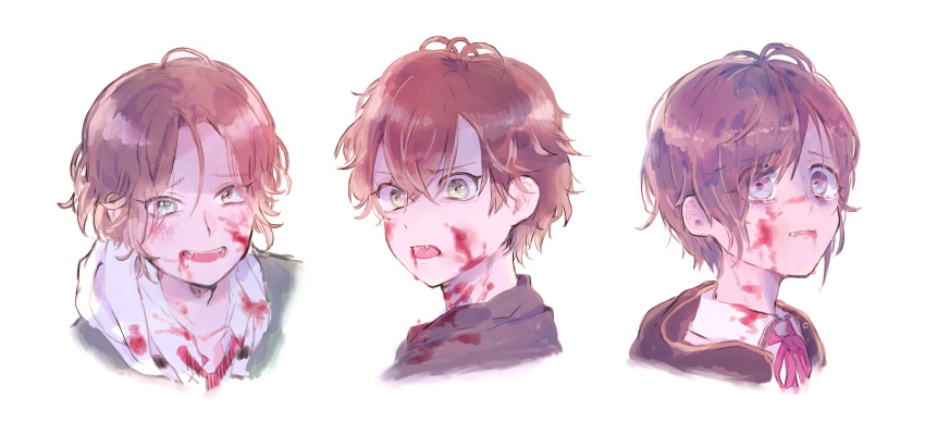 3boys blood blood_on_clothes blood_on_face brothers diabolik_lovers fangs green_eyes hano_luno highres looking_at_viewer multiple_boys profile purple_eyes purple_hair red_hair sakamaki_ayato sakamaki_kanato sakamaki_laito short_hair siblings triplets vampire white_background