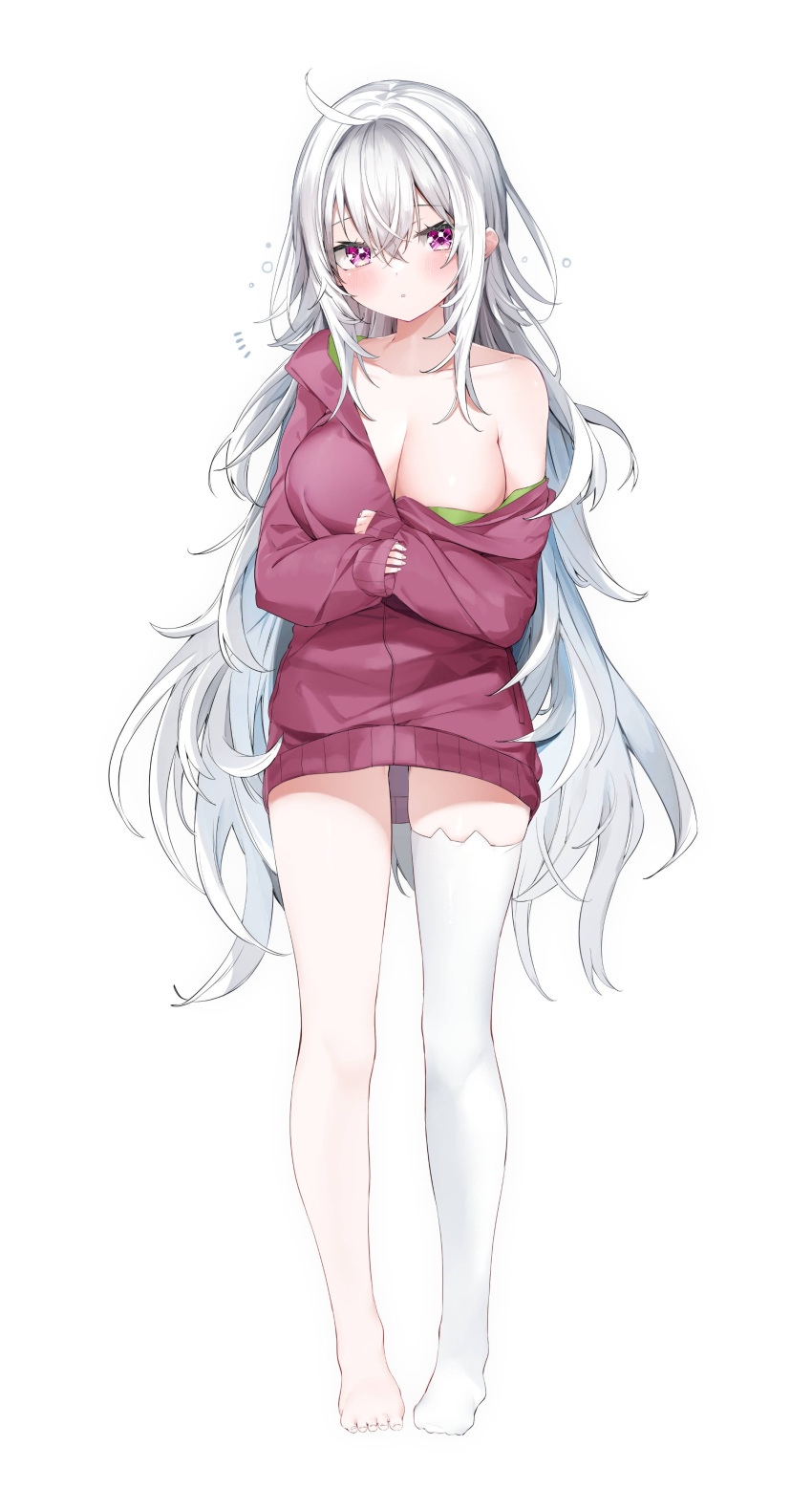 absurdres ahoge animal_ear_legwear bare_shoulders barefoot breasts cat_ear_legwear cleavage closed_mouth collarbone commentary_request female full_body hair_between_eyes highres jacket kamioka_shun'ya large_breasts long_hair long_sleeves looking_at_viewer no_shoes off_shoulder open_clothes open_jacket original puffy_long_sleeves puffy_sleeves purple_eyes purple_jacket shiori_(kamioka_shun'ya) simple_background single_thighhigh sleeves_past_wrists solo standing thighhighs very_long_hair white_background white_hair white_thighhighs