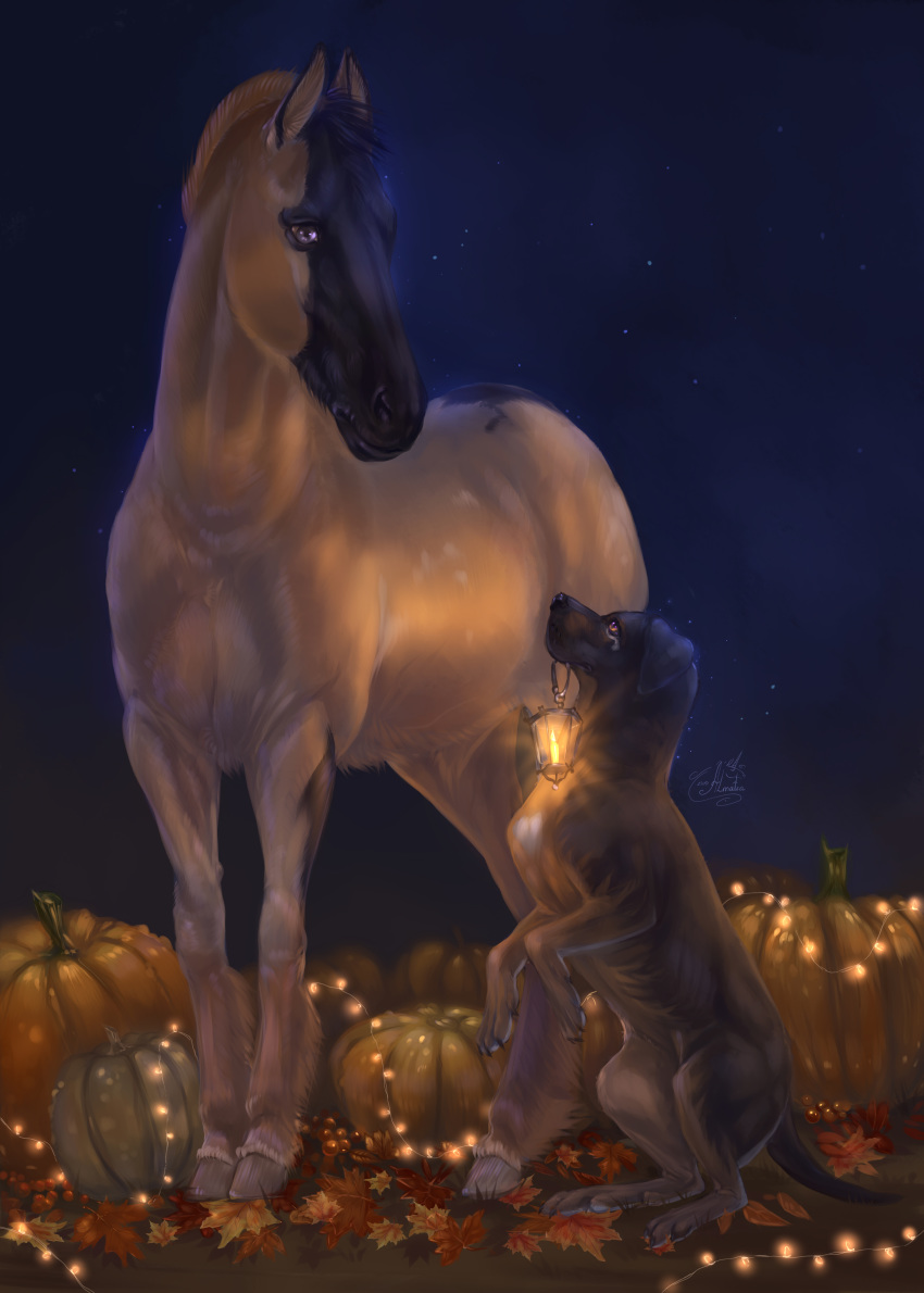 absurd_res almatea ambiguous_gender autumn canid canine canis domestic_dog duo equid equine female feral food fruit halloween hi_res holidays horse lamp lantern light male male/female mammal plant pumpkin