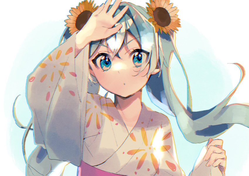 :o aqua_eyes aqua_hair commentary female fireworks_print flower hair_flower hair_ornament hand_up hatsune_miku highres japanese_clothes kimono long_hair looking_at_viewer obi sash solo sunflower sunflower_hair_ornament tsuchinoko_(tutituti0125) twintails upper_body very_long_hair vocaloid white_kimono yellow_flower