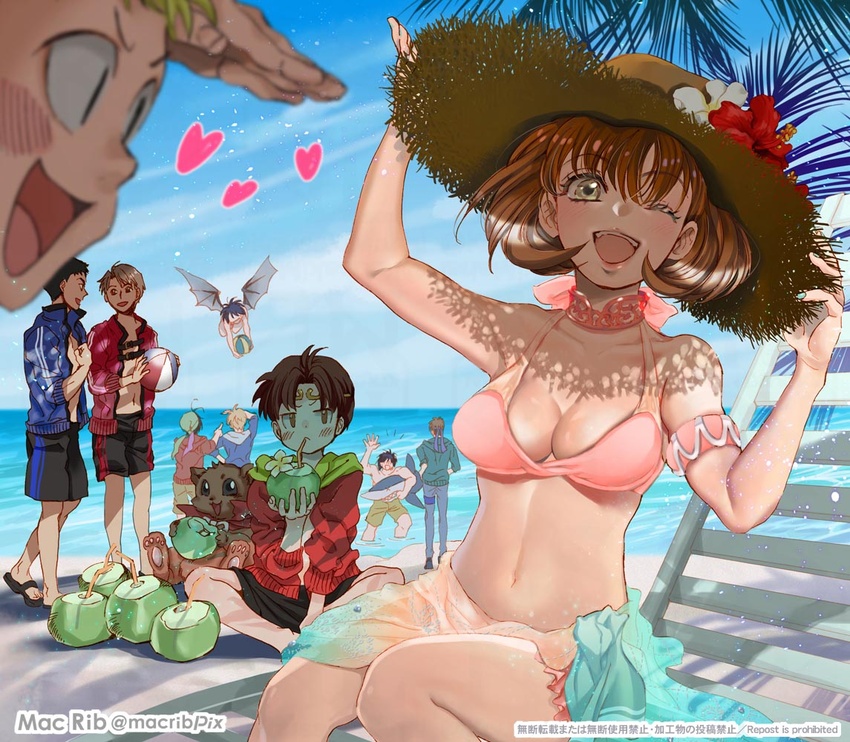 bad_id bad_pixiv_id blush breasts brown_eyes brown_hair camus_(suikoden) circlet cleavage female flik_(suikoden) gensou_suikoden gensou_suikoden_ii hat headband macrib miklotov_(suikoden) mukumuku multiple_boys nanami_(suikoden) ocean open_mouth outdoors riou_(suikoden) sheena_(suikoden) short_hair smile swimsuit tir_mcdohl viktor_(suikoden) wings