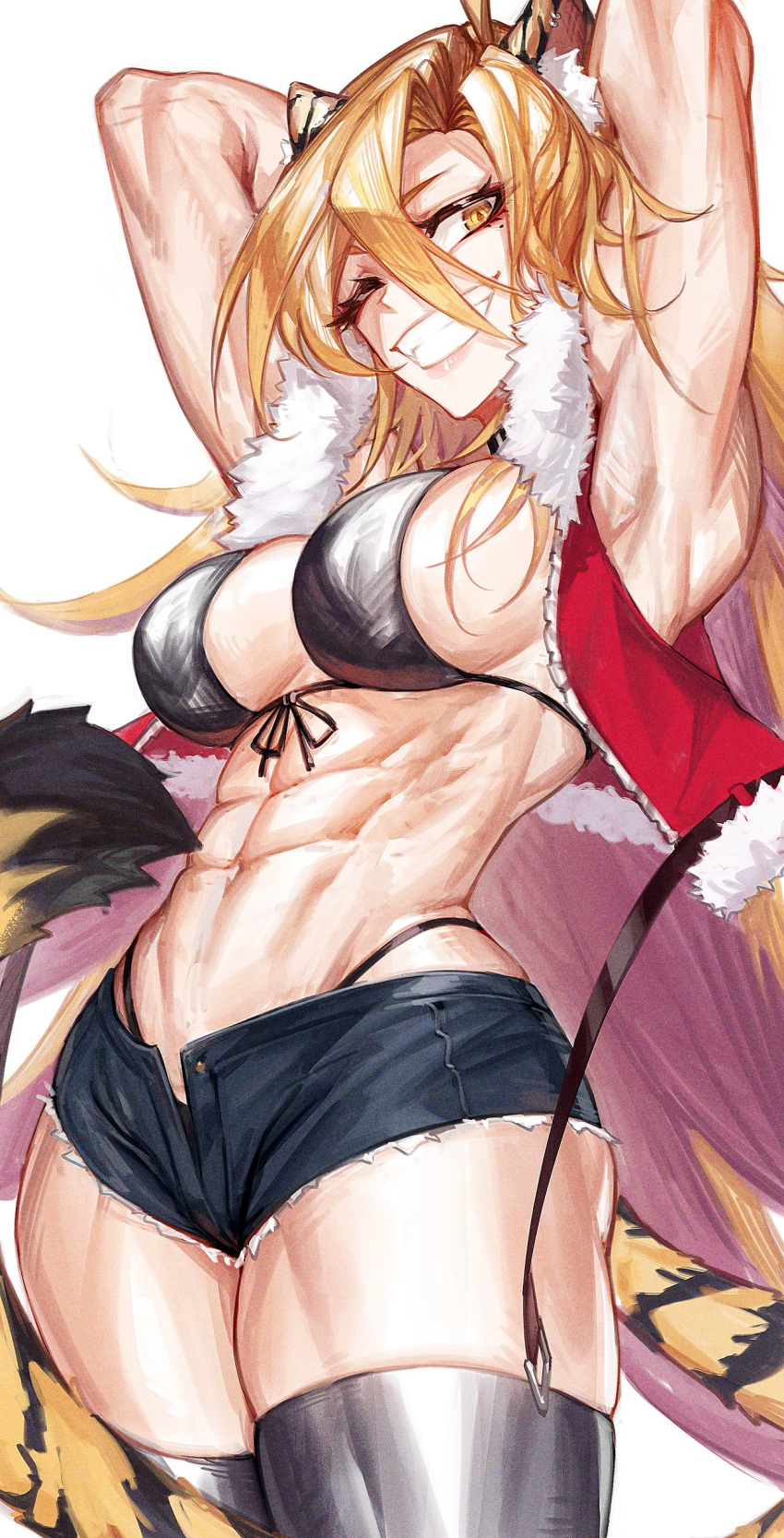 abs absurdres animal_ears armpits bikini black_bikini blonde_hair breasts coat cropped_jacket denim denim_shorts female highres indie_virtual_youtuber jin_grey_paladin large_breasts long_hair looking_at_viewer messy_hair muscular muscular_female navel one_eye_closed red_coat short_shorts shorts smile solo stomach swimsuit tail tala_tora teeth thighhighs tiger_ears tiger_girl tiger_tail very_long_hair virtual_youtuber