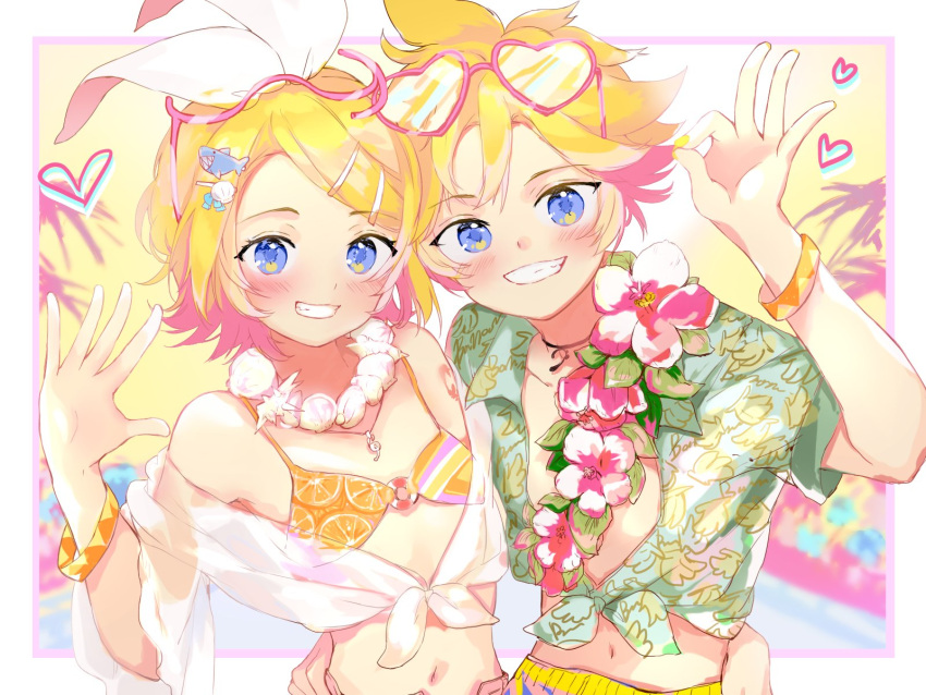 1boy arm_around_waist bad_id bad_twitter_id bikini bracelet female flower green_shirt hand_on_another's_hip hawaiian_shirt heart hibiscus highres hug jewelry kagamine_len kagamine_rin midriff navel necklace ok_sign orange_bikini oyamada_gamata palm_tree pink_flower see-through see-through_shawl shawl shell shell_necklace shirt swimsuit tied_shirt tree upper_body vocaloid waving