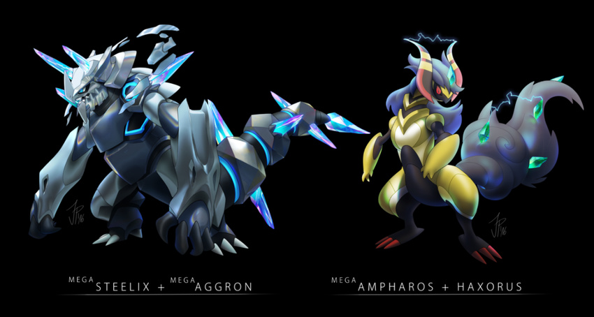 alternate_species ambiguous_gender better_version_at_source duo fan_character feral fusion generation_5_pokemon generation_6_pokemon haxorus mega_aggron mega_ampharos mega_evolution mega_steelix nintendo pokemon pokemon_(species) simple_background syntheticimagination