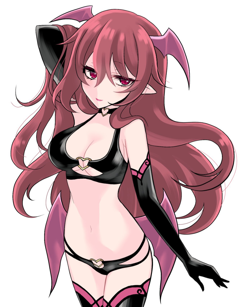 bikini black_thighhighs blush breasts brown_hair carrie_alberta cleavage commentary demon_girl elbow_gloves female gloves head_wings highres lipstick long_hair looking_at_viewer makeup medium_breasts navel pointy_ears pop-up_story red_eyes simple_background smile solo swimsuit thighhighs white_background wings yaka_(ir_mc8a)