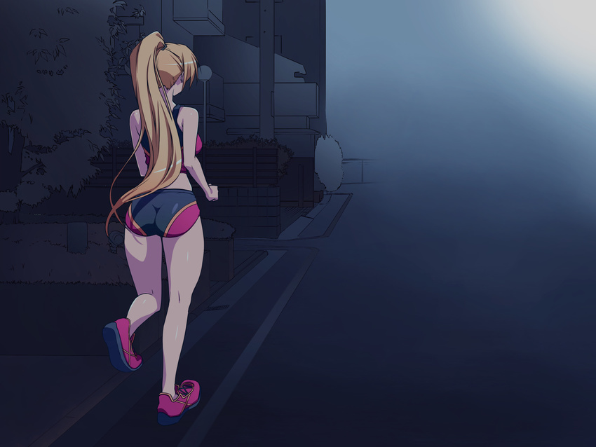 ass bare_shoulders bible_black blonde_hair breasts feet female highres legs long_hair navel nightmare_express ponytail road running saeki_kaori shoes sneakers solo street thighs