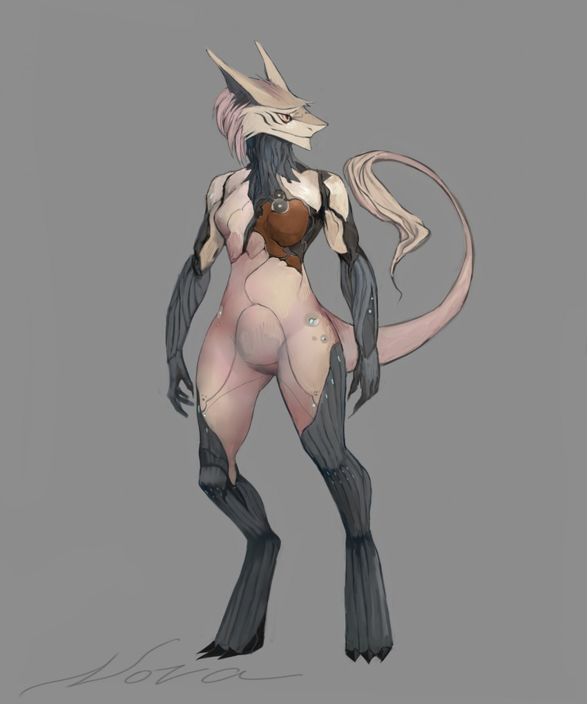 akrolayn alien anthro armor breasts claws digital_extremes english_text female fur grey_background hi_res nova_(warframe) sergal simple_background solo tail tan_body tan_fur tencent tenno text toe_claws warframe yellow_eyes