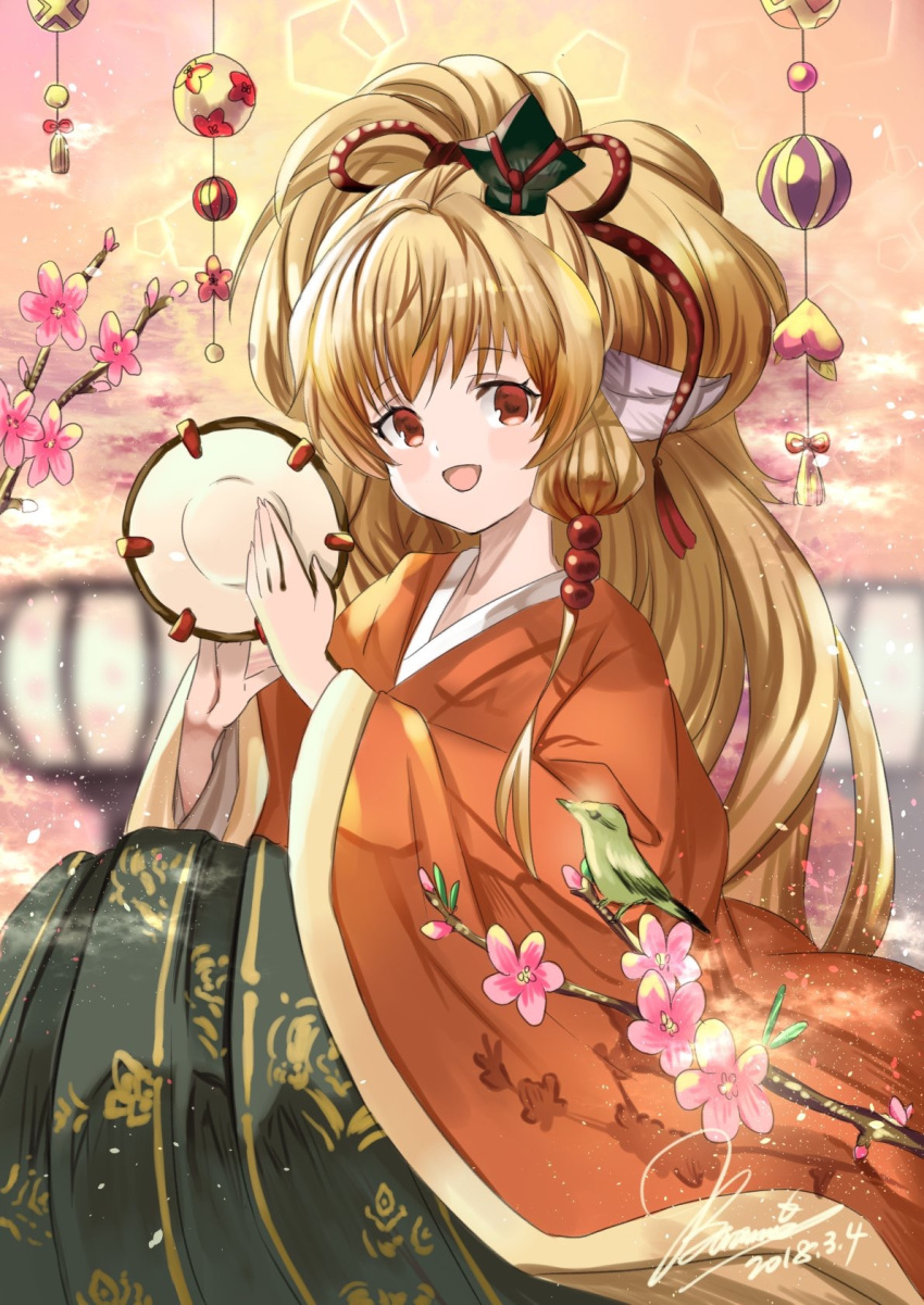 :d bad_id bad_pixiv_id banamons big_hair bird blurry blurry_background dated female food fruit gold_trim granblue_fantasy hands_up highres instrument japanese_clothes kimono long_hair looking_at_viewer mahira_(granblue_fantasy) open_mouth orange_(fruit) orange_kimono red_eyes sepia smile solo tambourine very_long_hair wide_sleeves