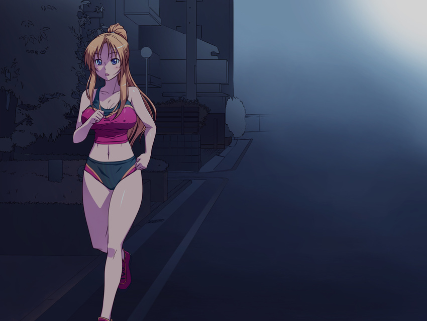 bare_shoulders bible_black blonde_hair blue_eyes breasts building covered_nipples erect_nipples female highres large_breasts legs long_hair looking_at_viewer midriff navel nightmare_express open_mouth ponytail road running saeki_kaori shoes sneakers solo street thighs