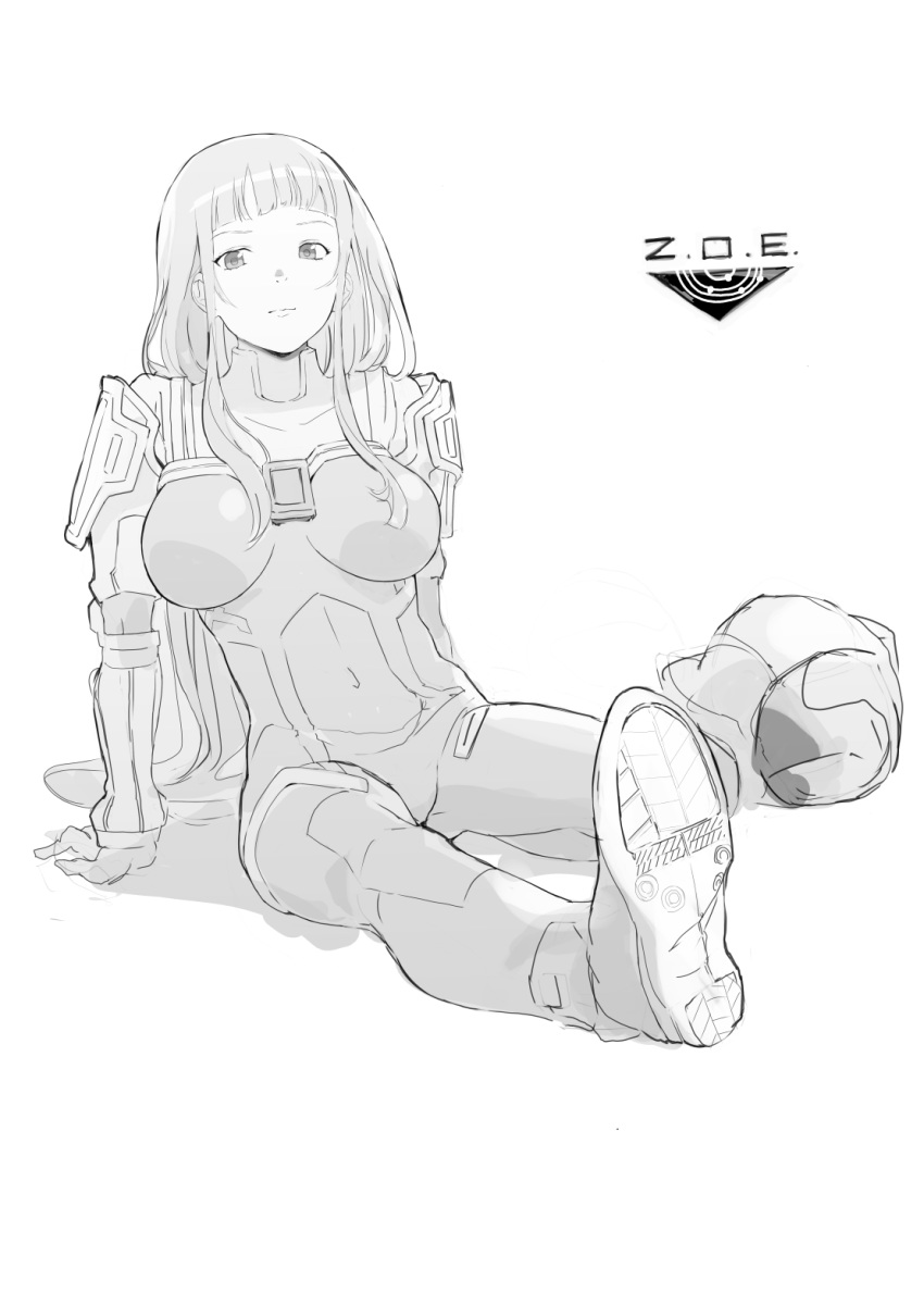 arm_support bad_id bad_pixiv_id blunt_bangs bodysuit breasts breasts_apart closed_mouth copyright_name covered_navel female full_body greyscale highres ken_marinaris large_breasts long_hair monochrome oishii_ishiwata pilot_suit shoulder_pads sidelocks simple_background sitting solo straight_hair turtleneck very_long_hair white_background zone_of_the_enders zone_of_the_enders_2