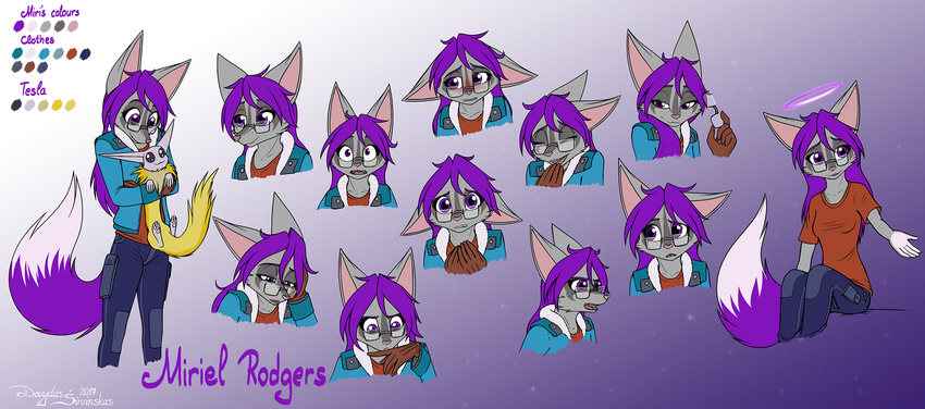 2017 anthro blush breasts canid canine clothed clothing dreamkeepers duo eyewear female fox fur glasses gradient_background grey_body grey_fur hair halo hi_res mammal mancoin miri_rodgers purple_eyes purple_hair ryuu-neko simple_background tesla_(the_wayward_astronomer) the_wayward_astronomer