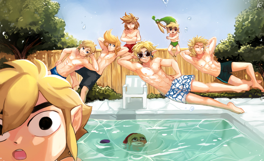 abs bangs blonde_hair ezlo hat link male_swimwear multiple_boys muscle open_mouth pectorals pool self_shot selfie sunglasses swimsuit swimwear the_legend_of_zelda the_legend_of_zelda:_breath_of_the_wild the_legend_of_zelda:_four_swords the_legend_of_zelda:_link's_awakening the_legend_of_zelda:_ocarina_of_time the_legend_of_zelda:_oracle_of_ages the_legend_of_zelda:_oracle_of_seasons the_legend_of_zelda:_skyward_sword the_legend_of_zelda:_the_minish_cap the_legend_of_zelda:_the_wind_waker the_legend_of_zelda:_twilight_princess