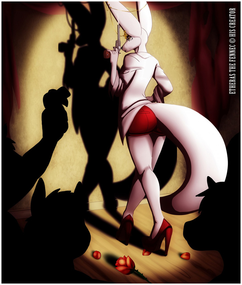 2015 anthro ass canid canine clothed clothing digital_media_(artwork) etheras femboy fennec_fox flower footwear fox gun handgun hi_res high_heels inside jewelry lavenderpandy looking_back male mammal pistol plant ranged_weapon rose_(flower) shadow shoes solo theblackrook true_fox weapon