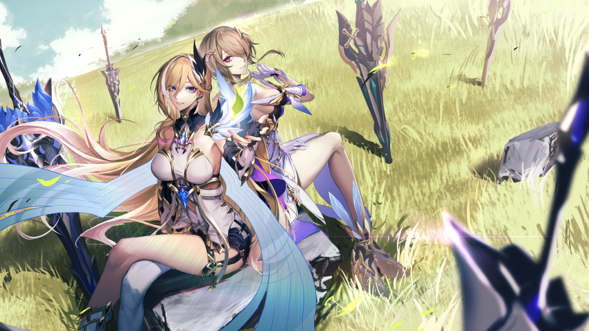 2girls armor armored_dress bare_shoulders bianka_durandal_ataegina bianka_durandal_ataegina_(palatinus_equinox) blonde_hair blue_eyes breasts brown_hair cloud commentary_request crossed_legs dress dutch_angle field_of_blades gloves grass hair_ornament hair_over_one_eye highres honkai_(series) honkai_impact_3rd large_breasts light_brown_hair looking_at_viewer mole mole_under_eye multicolored_hair multiple_girls multiple_weapons namahamu913 outdoors pink_eyes planted planted_sword rita_rossweisse rita_rossweisse_(spina_astera) short_hair_with_long_locks sideboob sitting sky streaked_hair sword weapon white_dress white_gloves