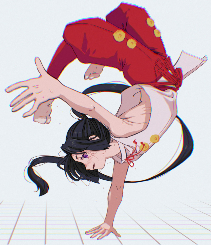 1boy armpits balancing black_hair blurry blush bow chromatic_aberration depth_of_field floating_hair foreshortening hakama hakama_pants hand_on_ground handstand highres houjou_tokiyuki_(nige_jouzu_no_wakagimi) japanese_clothes kemasuurutt legs_up long_hair looking_at_viewer low-cut_armhole male_focus messy_hair nige_jouzu_no_wakagimi one_arm_handstand open_mouth outstretched_arm pants parted_bangs parted_lips ponytail profile purple_eyes red_hakama red_sash ribs sash sidelocks_tied_back simple_background solo sweat tabard tabi white_background