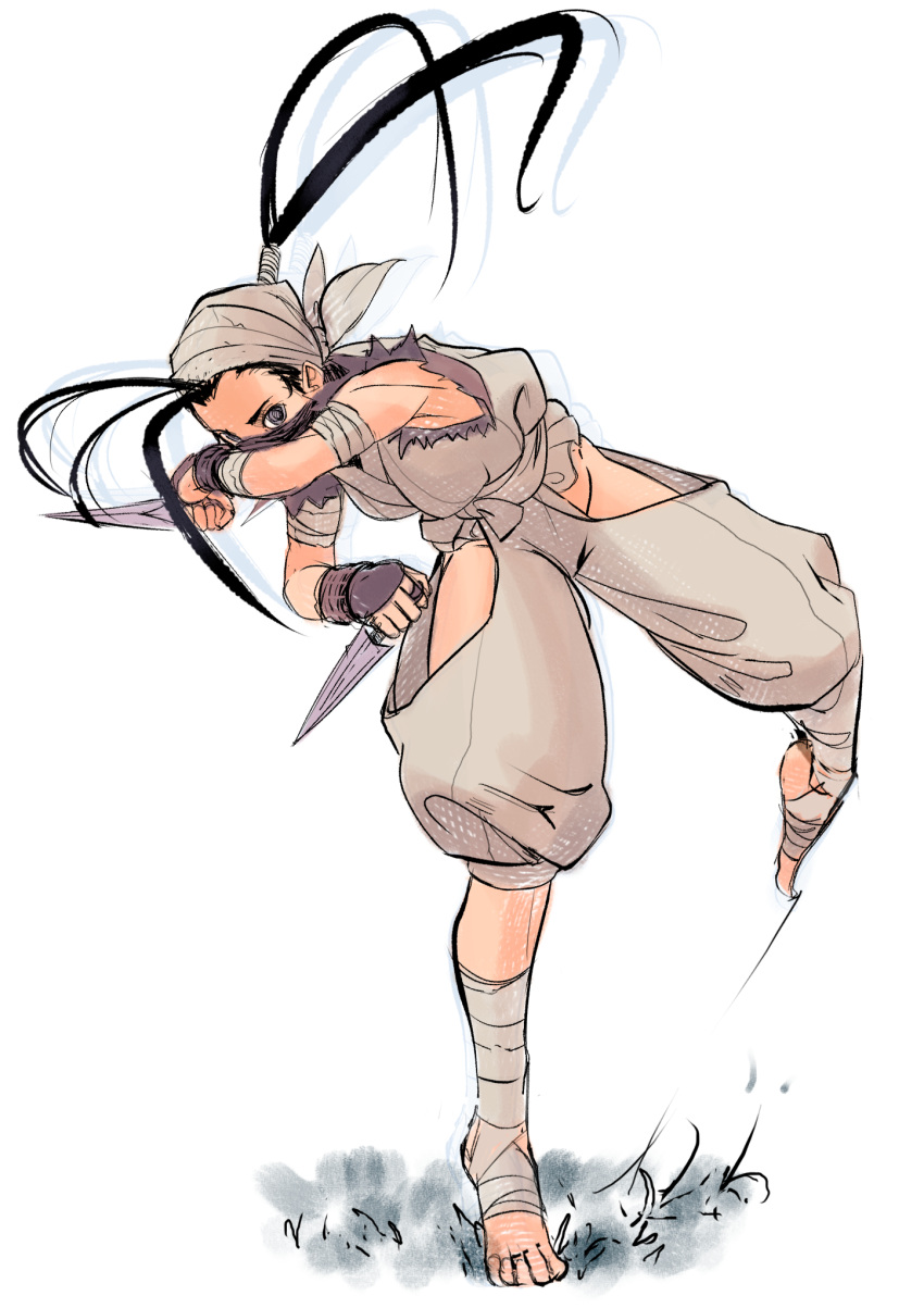 ankle_wrap antenna_hair bandaged_arm bandages black_hair commentary dougi female fighting_stance fingerless_gloves full_body gloves grey_eyes highres hip_vent holding holding_weapon ibuki_(street_fighter) kunai long_hair ninja ponytail solo street_fighter weapon white_background xfiro